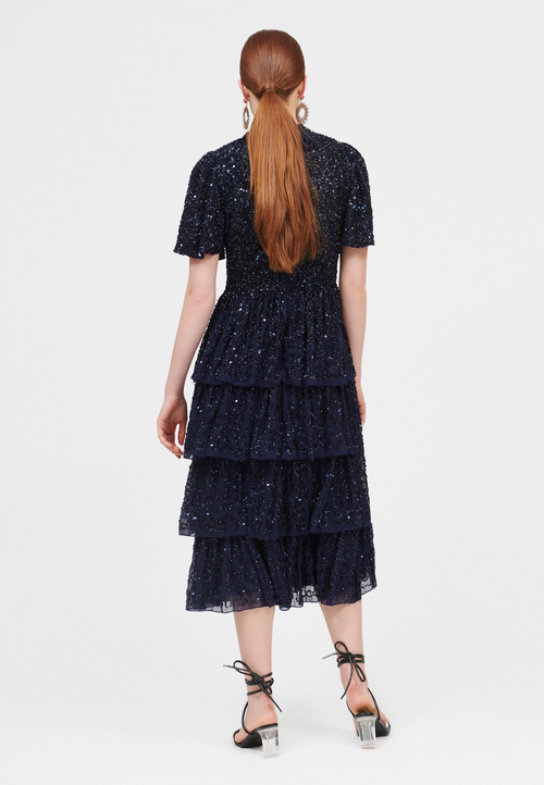 Beauut Embellished Sequin Beaded Midi Dress In Mid Night Blue