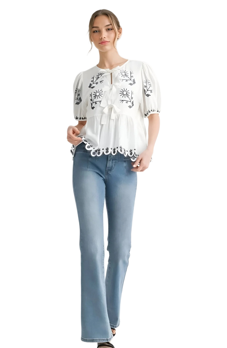Knit and Lounge Embroidered Puff Sleeve Bow Blouse, Alternate, color, White