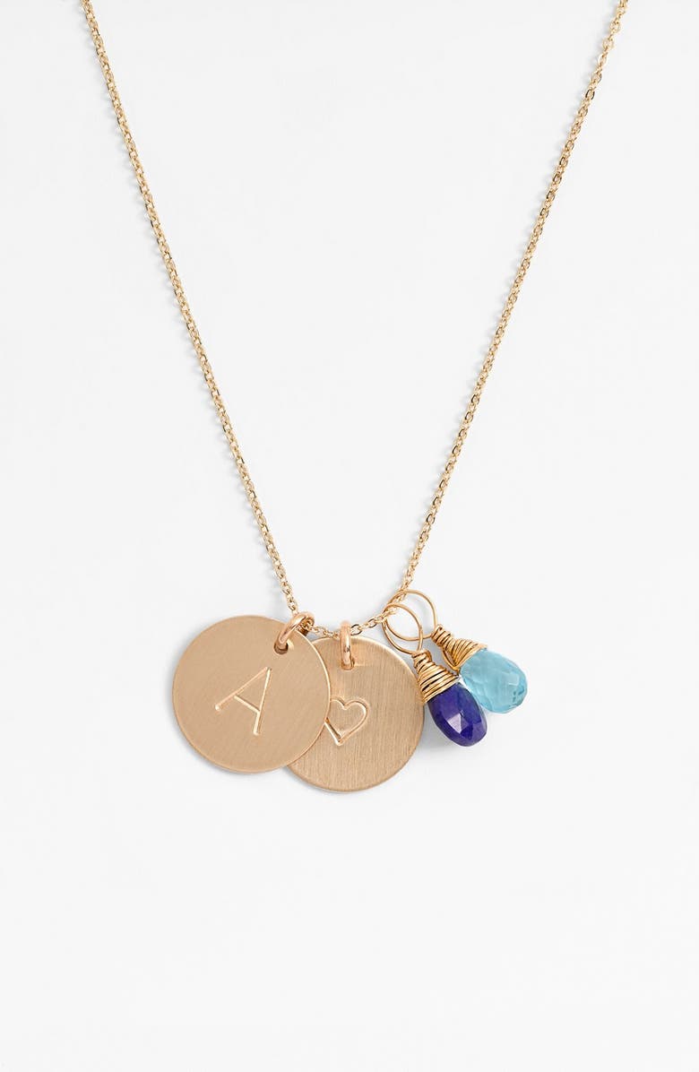 Nashelle Blue Quartz Initial & Heart 14k-Gold Fill Disc Necklace, Main, color,