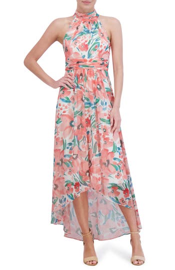 ELIZA J ELIZA J FLORAL SLEEVELESS HIGH-LOW CHIFFON GOWN