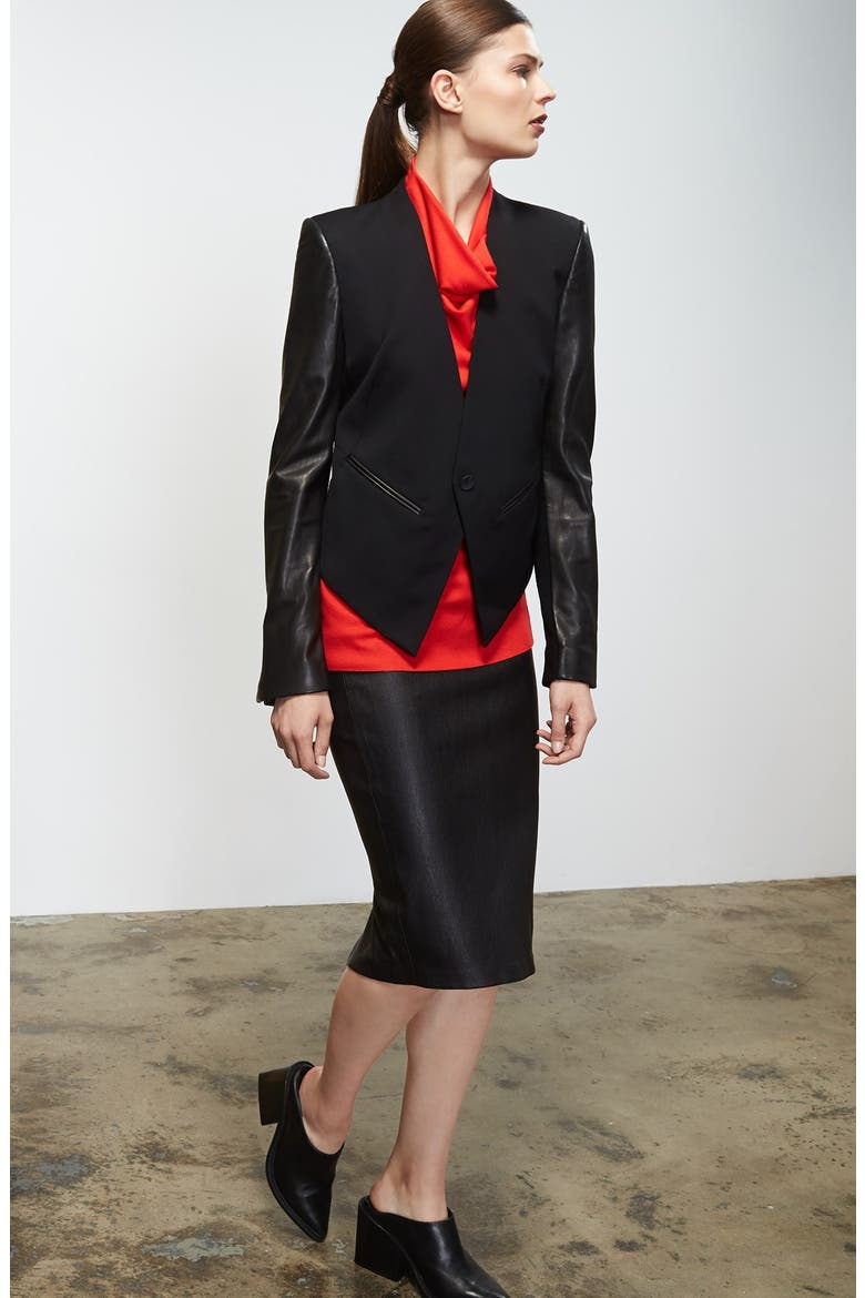 'Smoking' Leather Sleeve Tuxedo Jacket, Alternate, color, BLACK