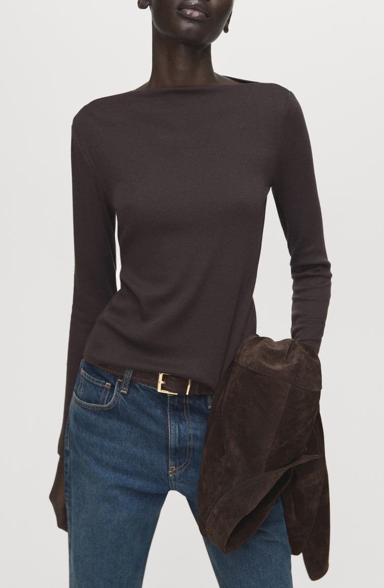 MANGO Boat Neck Long Sleeve T-Shirt, Main, color, Chocolate
