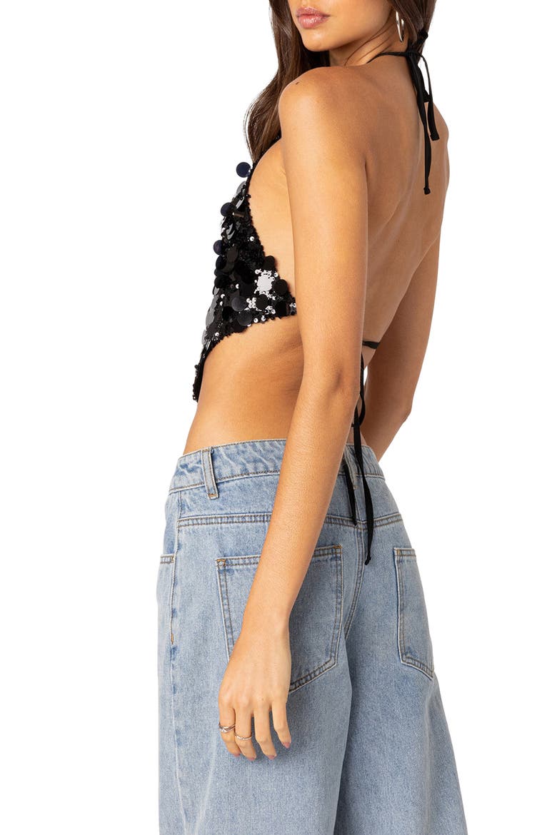 Caelia Sequin Halter Crop Top, Alternate, color, BLACK
