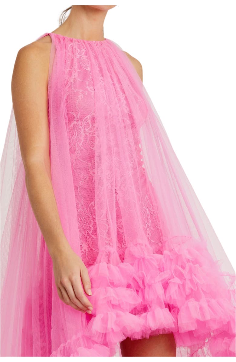 Mac Duggal Women's Tulle High Neck Sleeveless Ruffled Hem Hi-Lo Gown, Alternate, color, Hot Pink