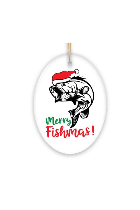 Merry Fishmas Santa Hat Bass Ceramic Ornament