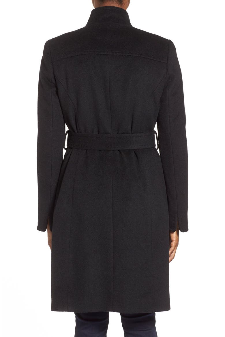 Belted Wool Blend Stand Collar Coat, Alternate, color, BLACK