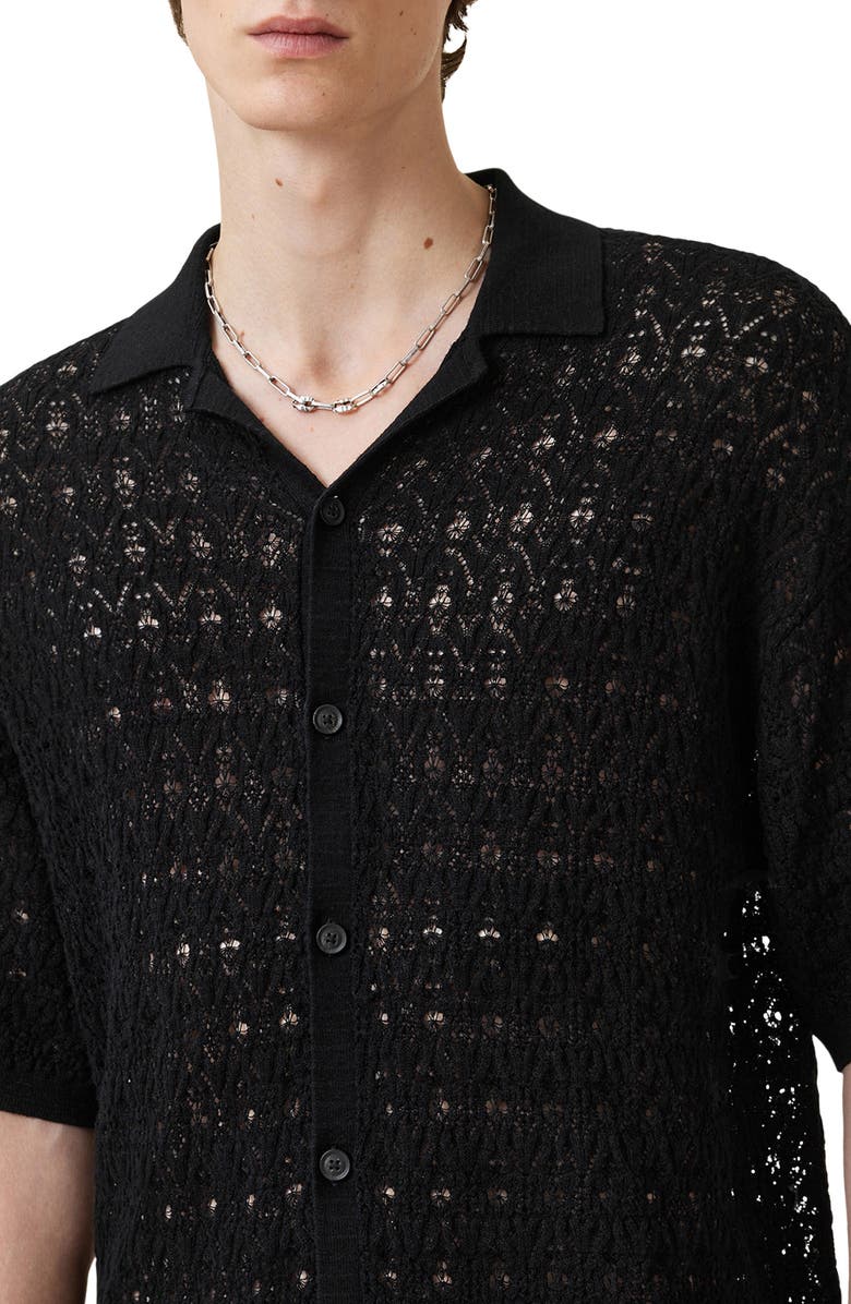 AllSaints Loire Open Stitch Cotton & Linen Button-Up Polo Sweater, Alternate, color, Black