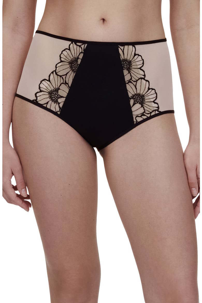 Embroidered High Waist Briefs, Main, color, BLACK/ ROSE