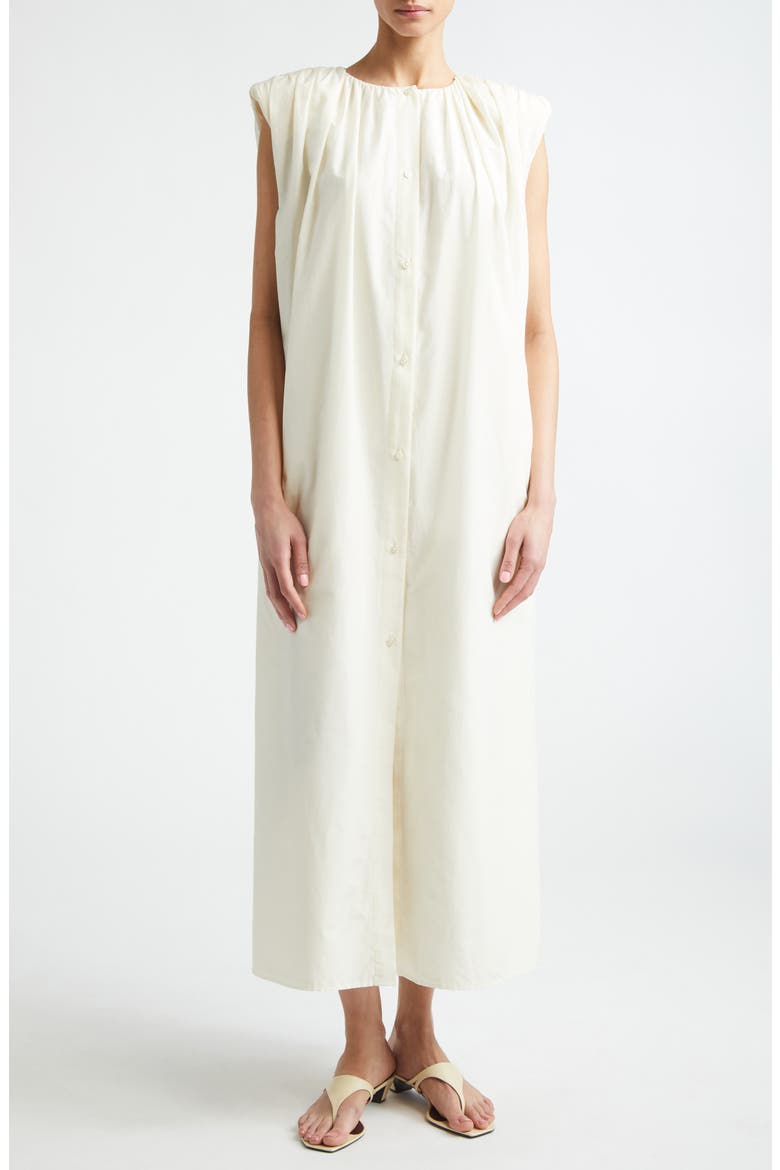Cara Gathered Sleeveless Cotton & Silk Voile Shirtdress, Main, color, IVORY