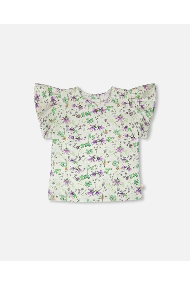 Jersey Flutter Sleeves Printed Flowers T-Shirt, Main, color, Green Floral Print
