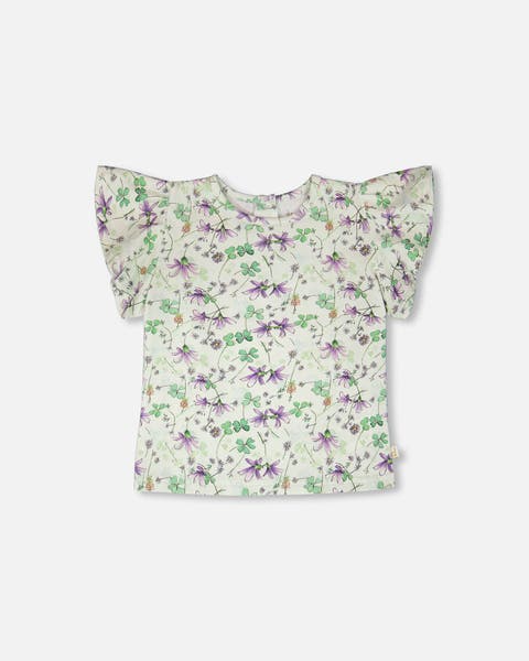 Jersey Flutter Sleeves Flowers T-Shirt (Toddler, Little Kid & Big Kid)