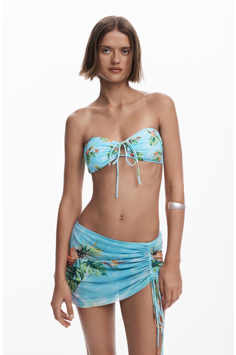 Tropical Print Ruched Cover-Up Miniskirt, Alternate, color, LIGHT TURQUOISE