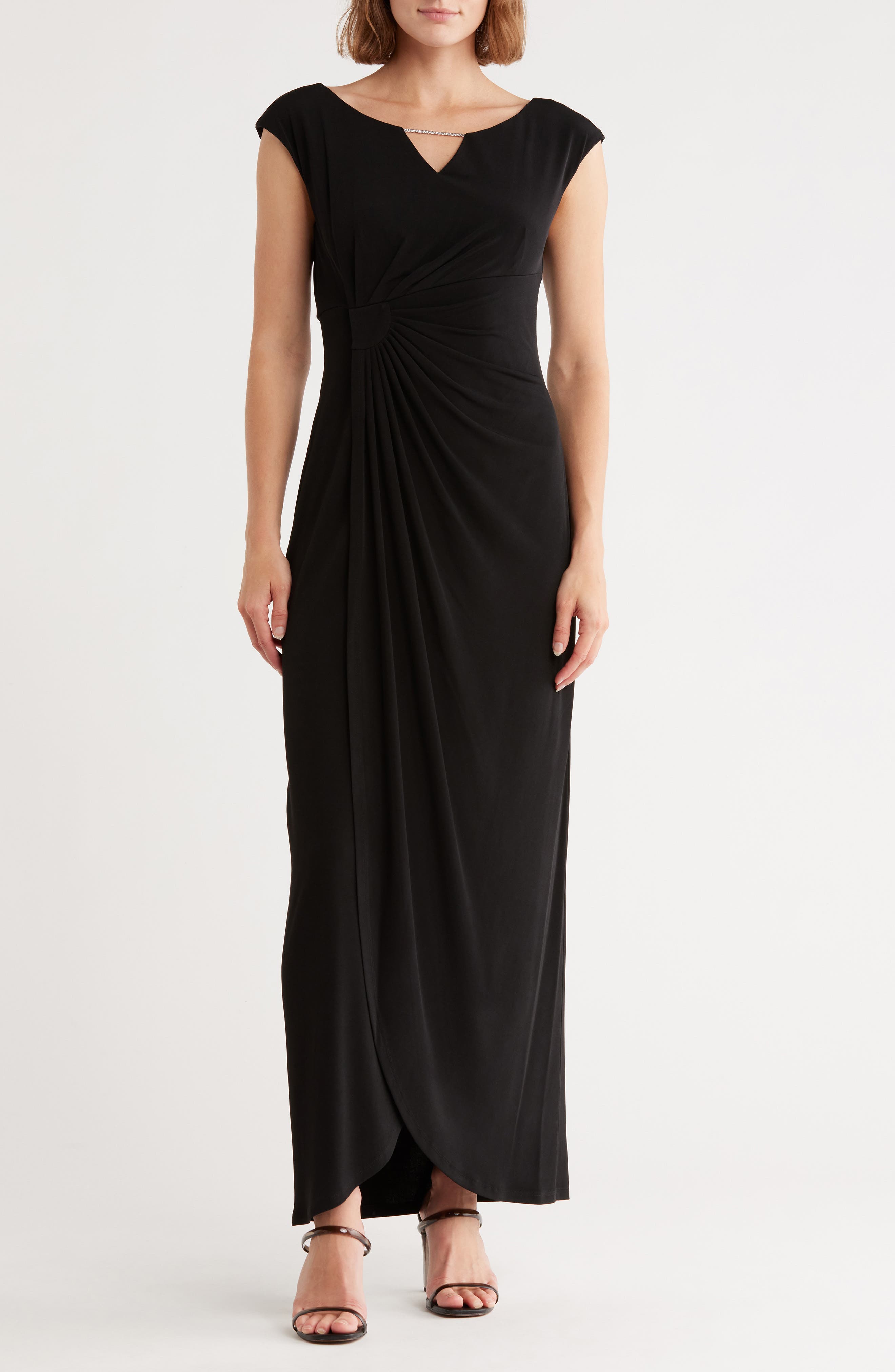 Connected Apparel Crystal Notch Side Ruched Gown