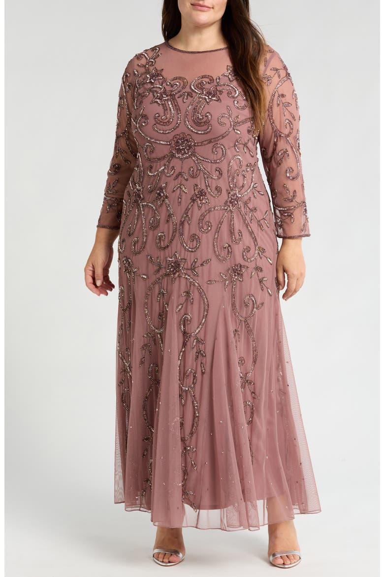 Beaded Long Sleeve Gown, Main, color, MAUVE 661
