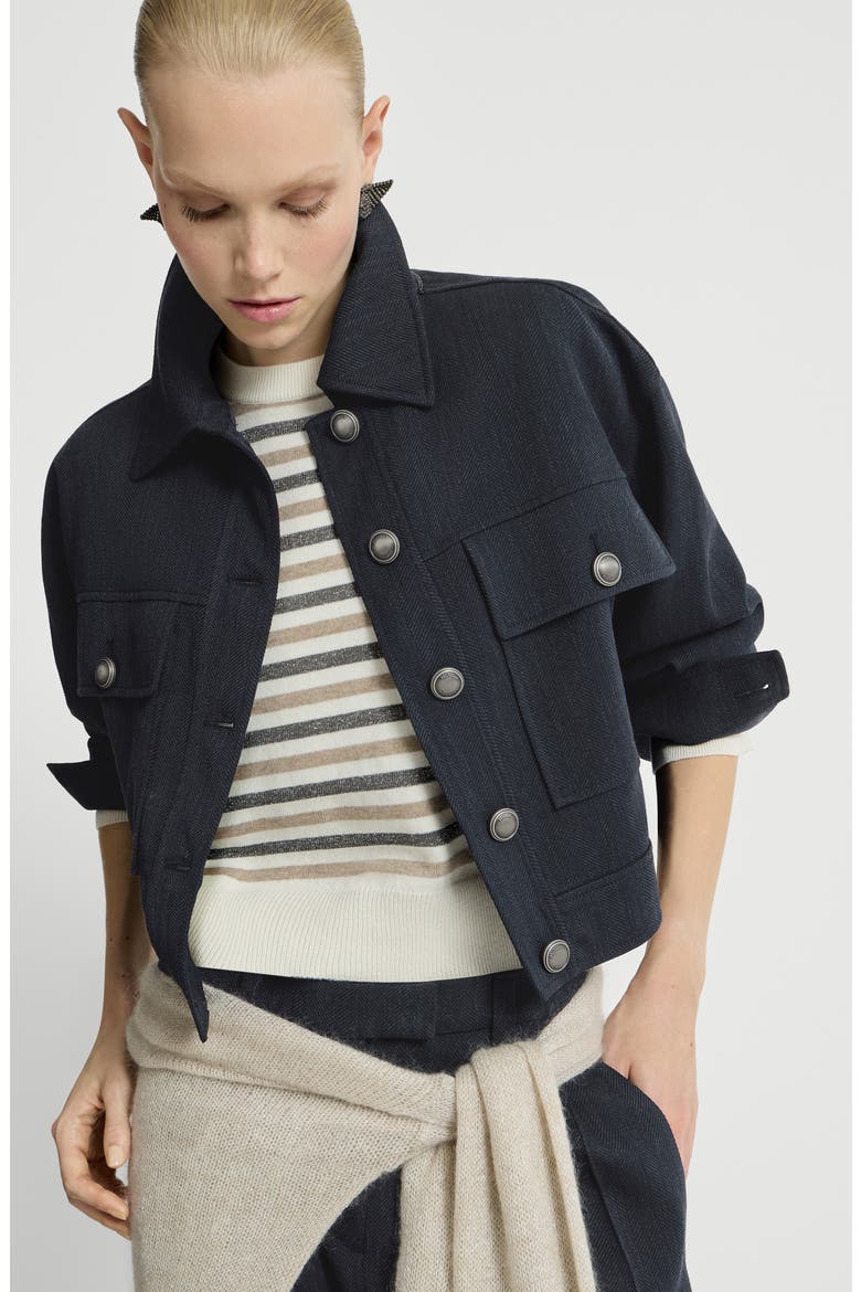 Virgin wool crêpe chevron cropped outerwear jacket with monili, Alternate, color, Navy Blue