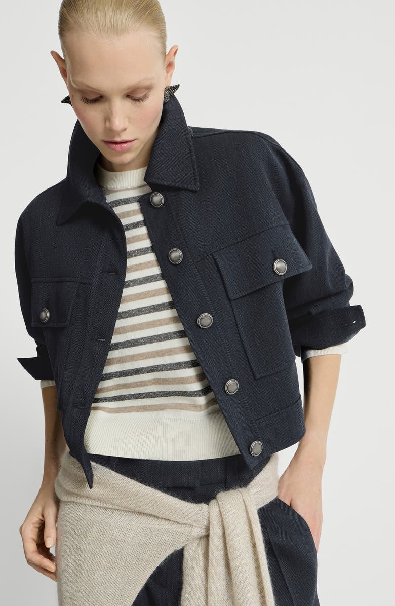 Brunello Cucinelli Crêpe chevron cropped outerwear jacket, Alternate, color, Navy Blue
