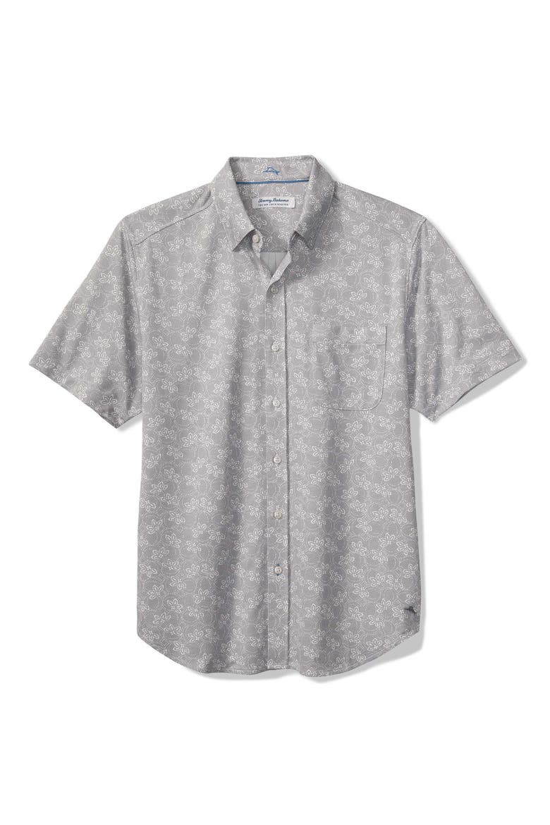 San Lucio Lotos Floral IslandZone® Short Sleeve Cotton Blend Button-Up Shirt, Main, color, STORM GRAY