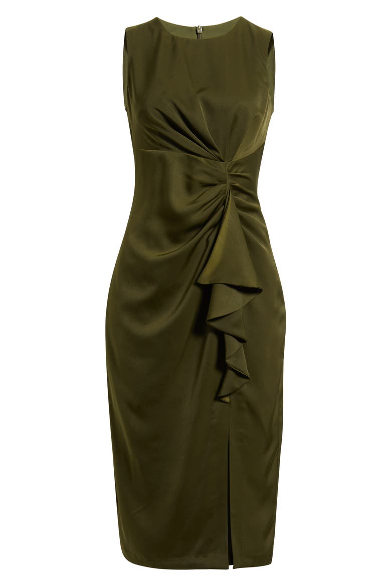 Ruffle Detail Sleeveless Satin Sheath Midi Dress, Alternate, color, OLIVE