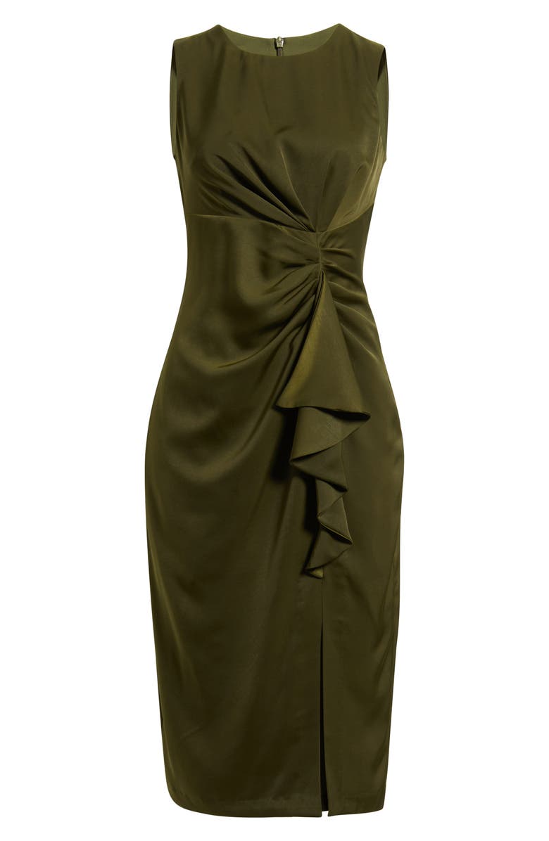 Vince Camuto Ruffle Detail Sleeveless Satin Sheath Midi Dress, Alternate, color, Olive
