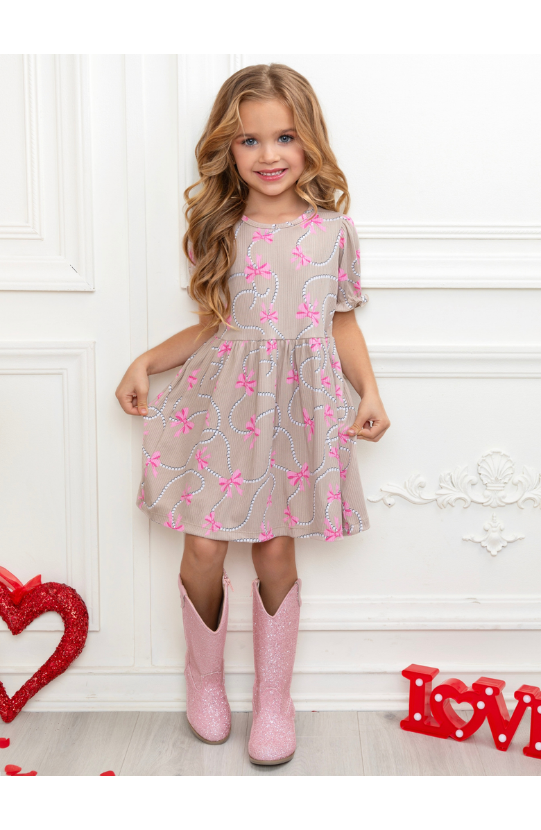 Mia Belle Girls Bow Charm Puff Sleeve Dress, Alternate, color, Beige