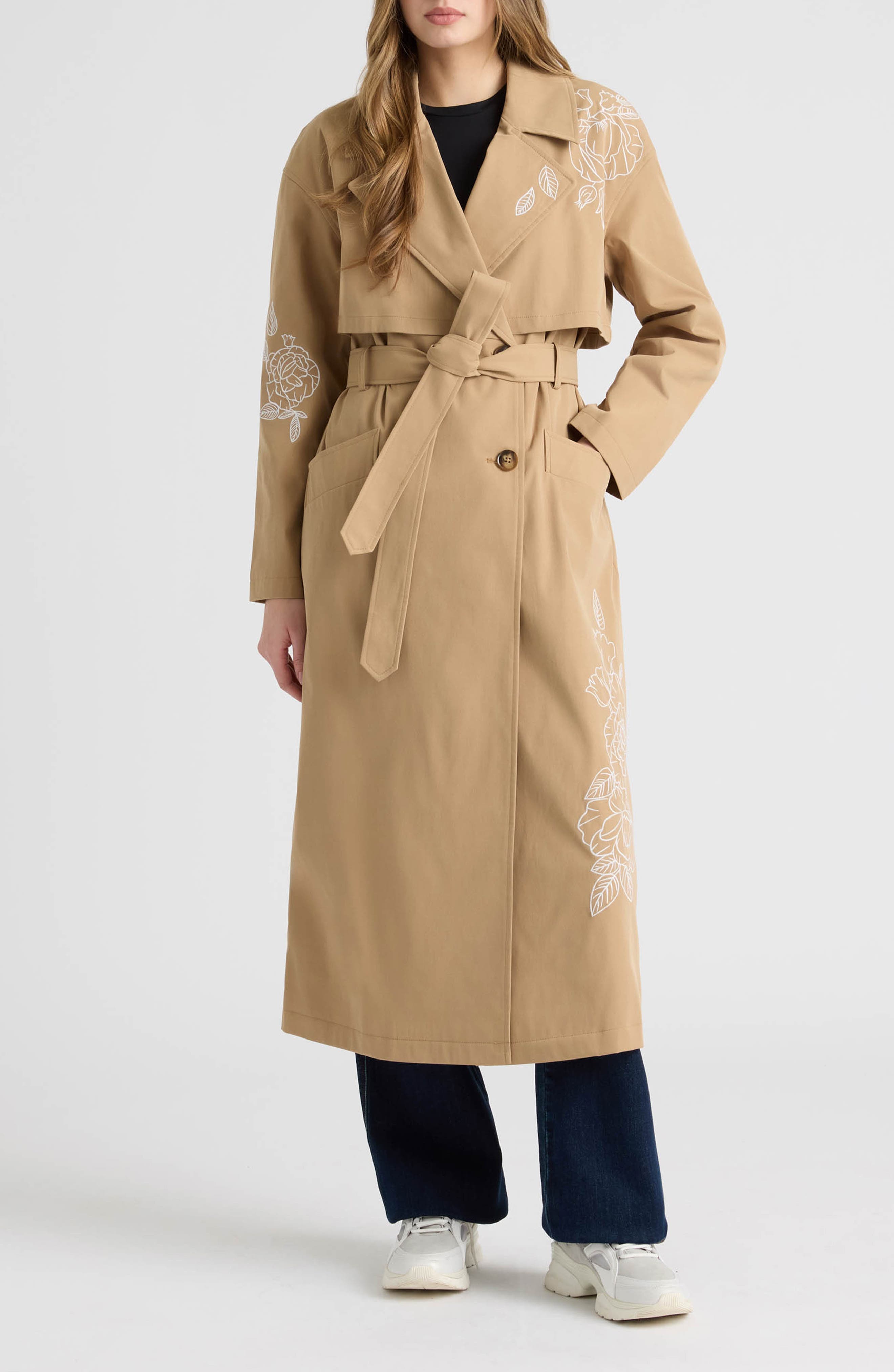 Embroidered Belted Trench Coat