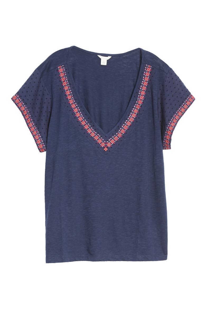 Embroidered V-Neck Jersey Top, Main, color, NAVY- PURPLE FLORAL EMB