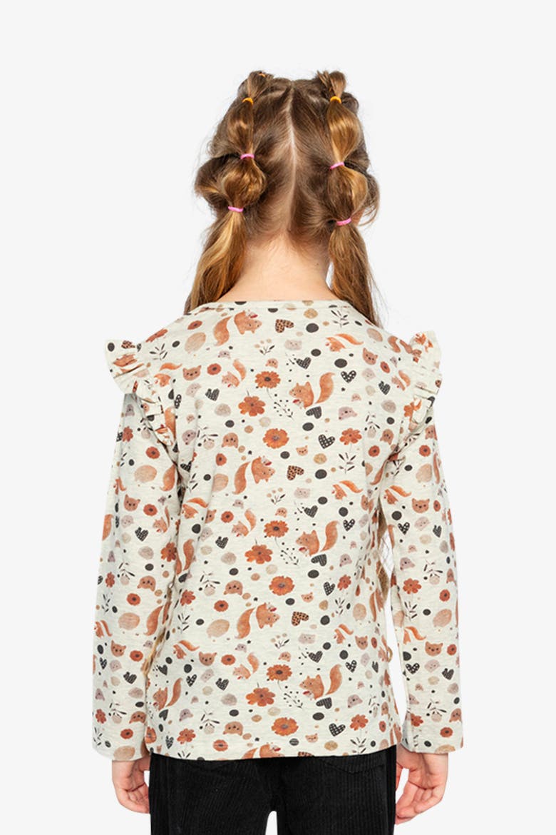 Organic Cotton Squirrel Ruffle Shoulder Long Sleeve T-Shirt, Alternate, color, Beige with Squirrel Print