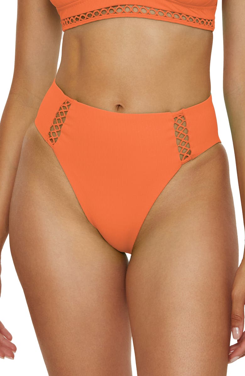 Becca Modern Edge High Waist Bikini Bottoms, Main, color, Coral Rose