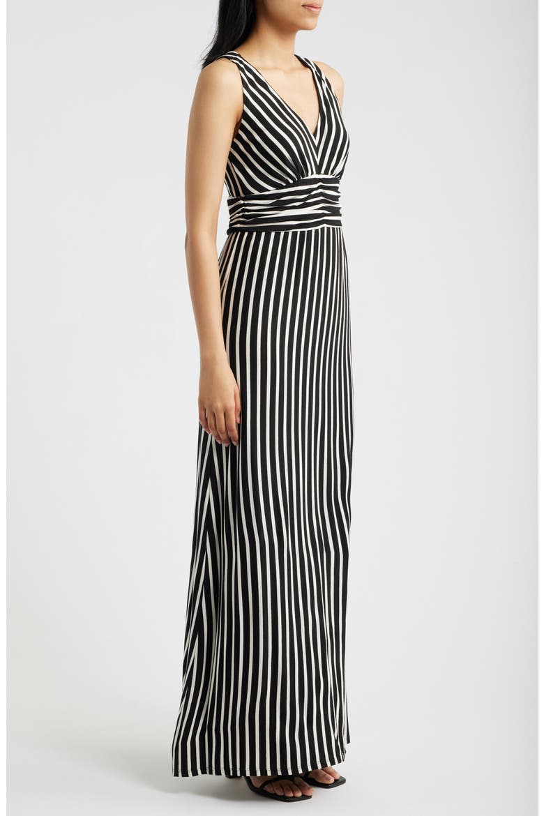 Striped Ruched Empire Waist Maxi Dress, Alternate, color, BLACK/ IVORY