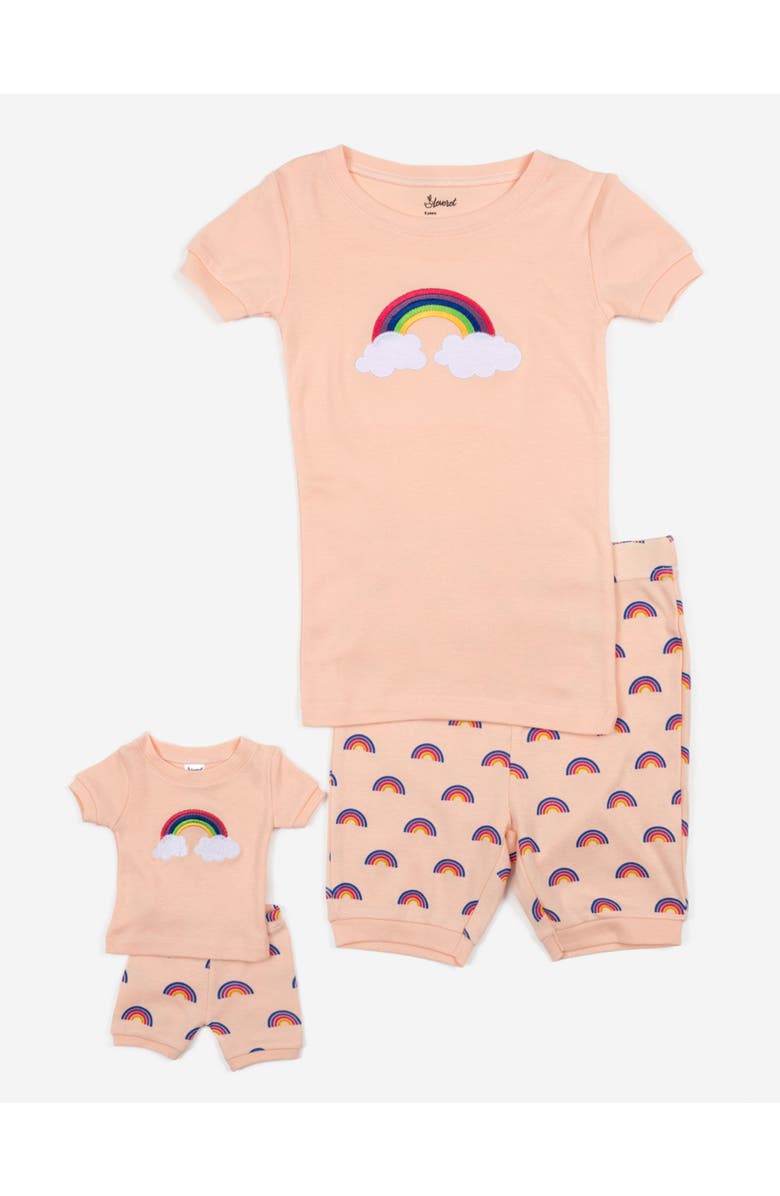 Leveret Girls Matching Doll Short Printed Cotton Pajamas, Main, color, Rainbow Peach