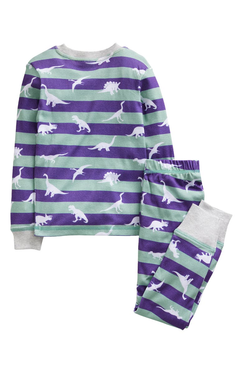 Mini Boden Kids' Stripe Dino Glow in the Dark Fitted Two-Piece Cotton Pajamas, Alternate, color,