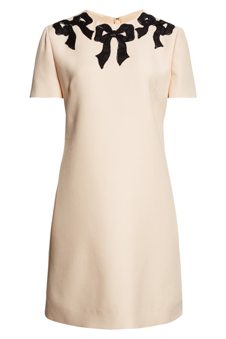 Beaded Bow Detail Crepe Couture Minidress, Alternate, color, CREAM/ BLACK