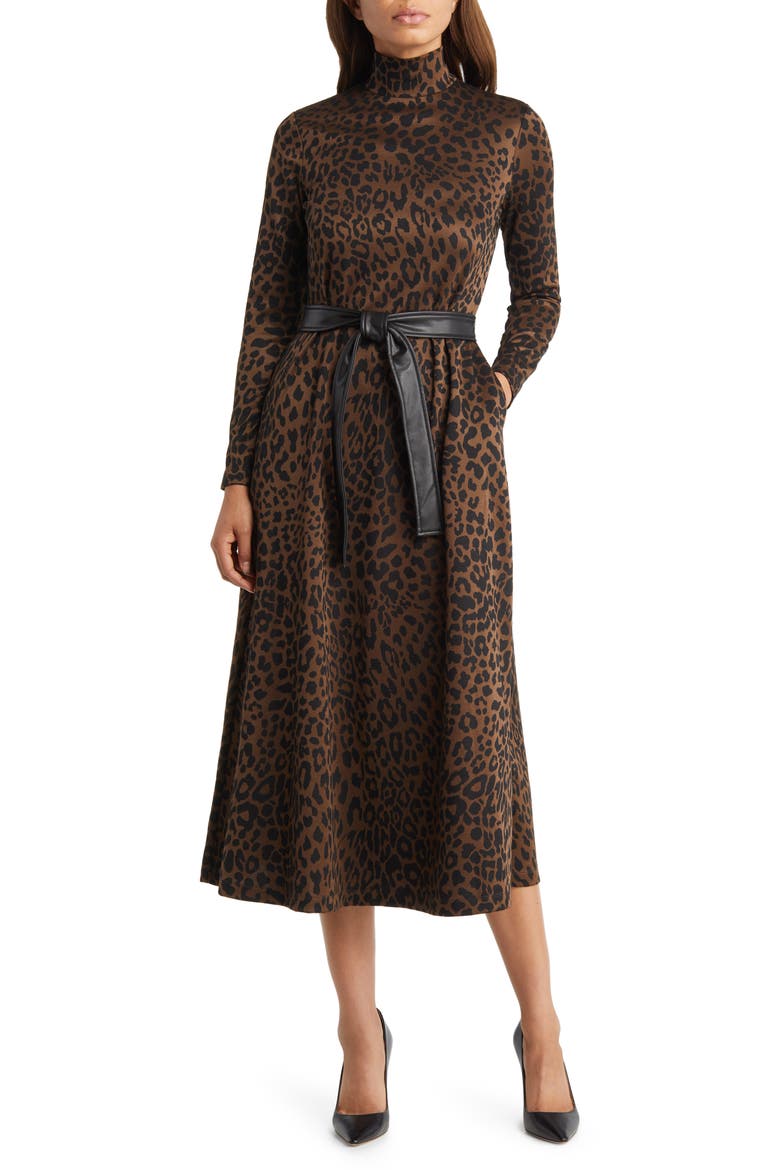 Long Sleeve Mock Neck Leopard Print Tie Waist Dress, Main, color, ESPRESSO/ ANNE BLACK