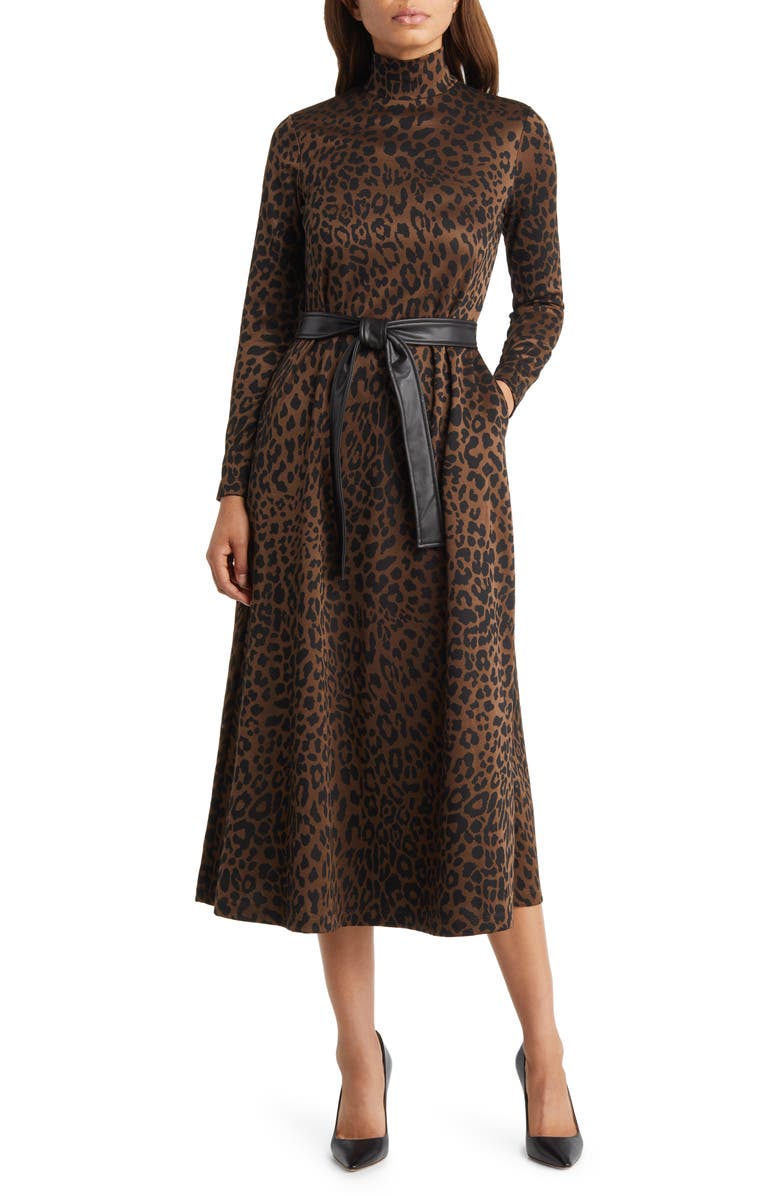 Anne Klein Long Sleeve Mock Neck Leopard Print Tie Waist Dress, Main, color, 
