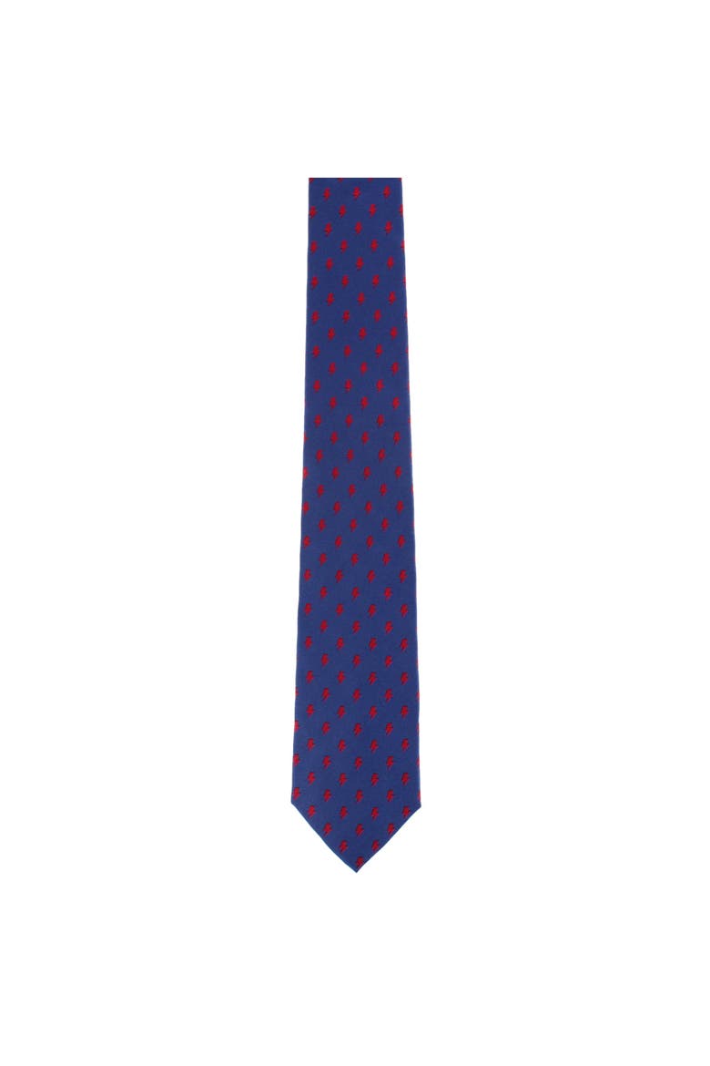Zesus Striking Lightning Novelty Silk Necktie, Alternate, color, Navy with Red Lightning Bolts