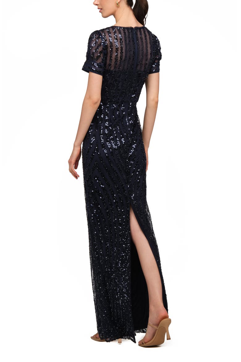Ivetta Sequin Stripe Illusion Neck Column Gown, Alternate, color, NAVY