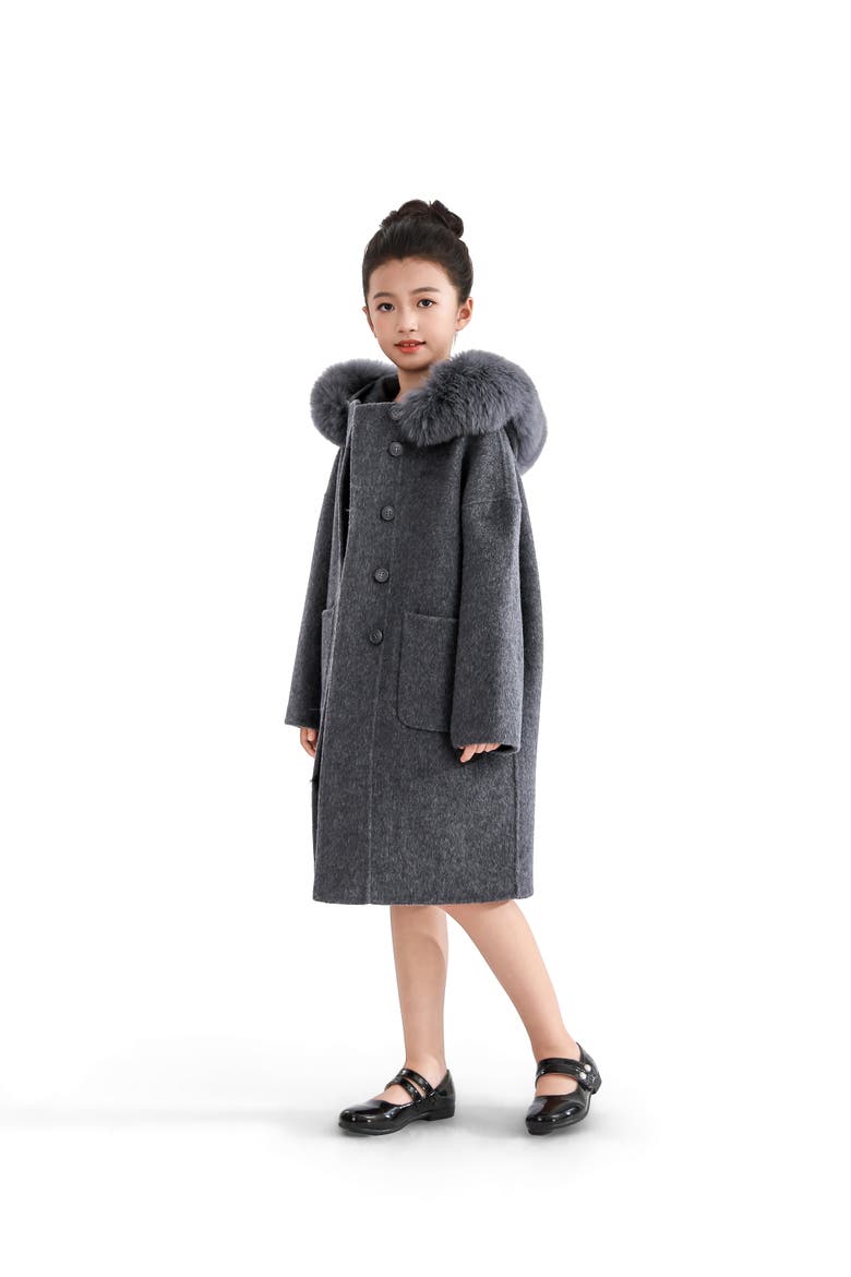 Wool Coat with Faux Fur Hood, Alternate, color, Grey
