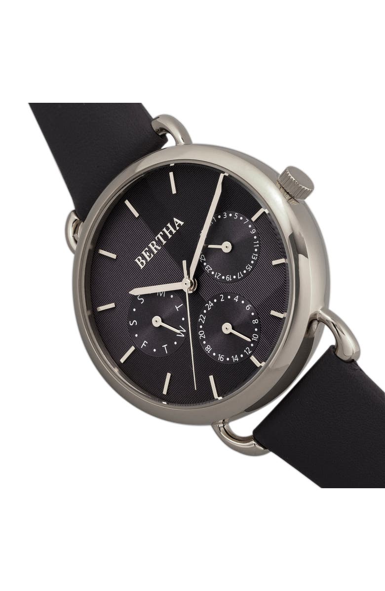 BERTHA Gwen Leather-Band Watch w/Day/Date, Alternate, color, Black