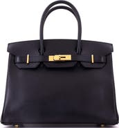 Pre-Owned Hermes Birkin Handbag Black Box Calf with Gold Hardware 30