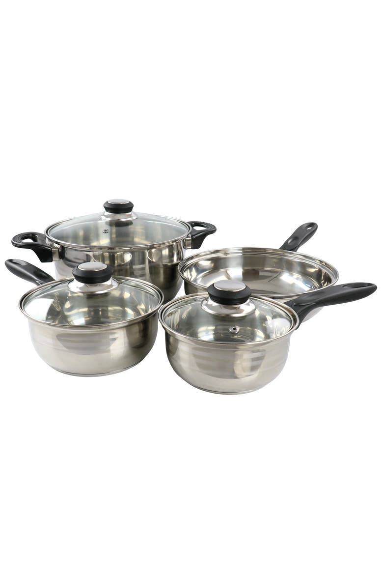 7 Piece Two Tone Polished Stainless Steel Cookware Set, Main, color, Silver