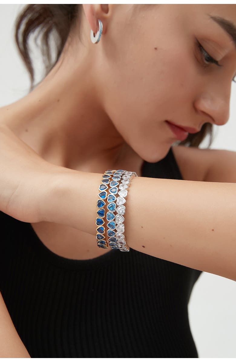 Classicharms Heart Shaped Cubic Zirconia Cuff Bracelet Set, Alternate, color, Silver