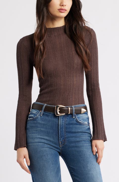 Open Stitch Linen Blend Mock Neck Sweater