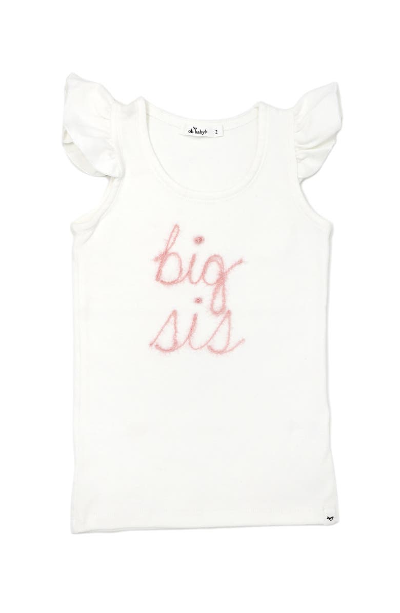 oh baby! "big sis" Pink Embroidered Cotton Baby Rib Flutter Sleeve Tank, Main, color, Cream