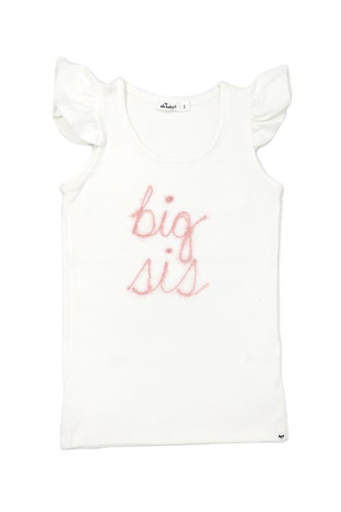 "big sis" Pink Embroidered Cotton Baby Rib Flutter Sleeve Tank