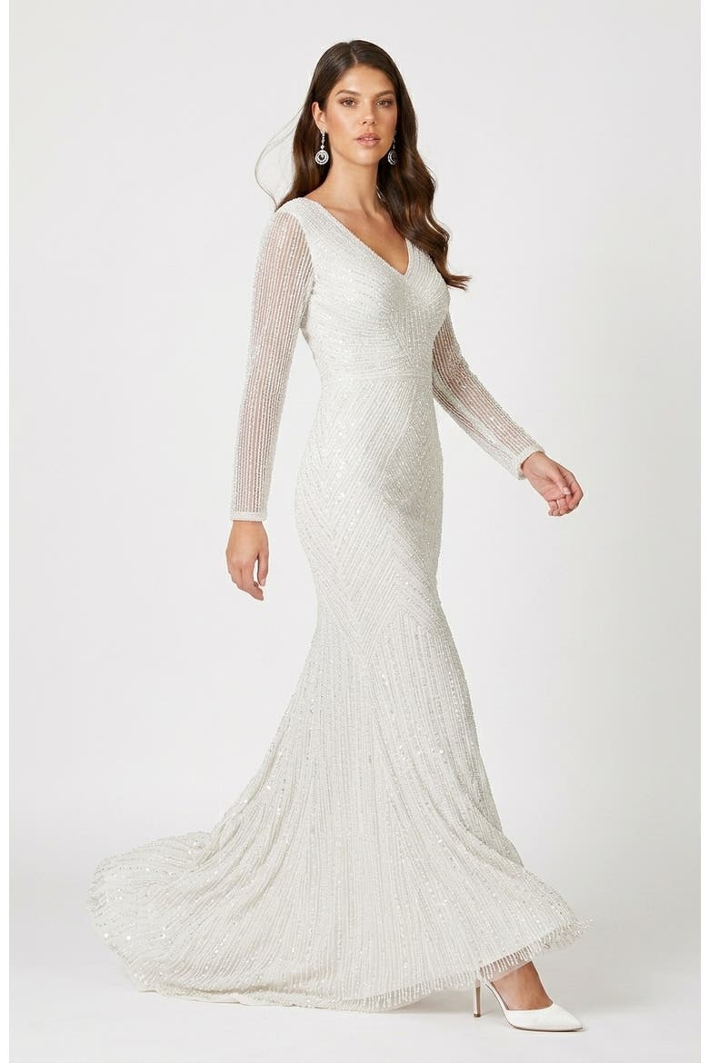 Finley Sheer Sleeve Wedding Gown, Alternate, color, Ivory