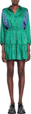 SANDRO Edena Mixed Print Satin Shirtdress
