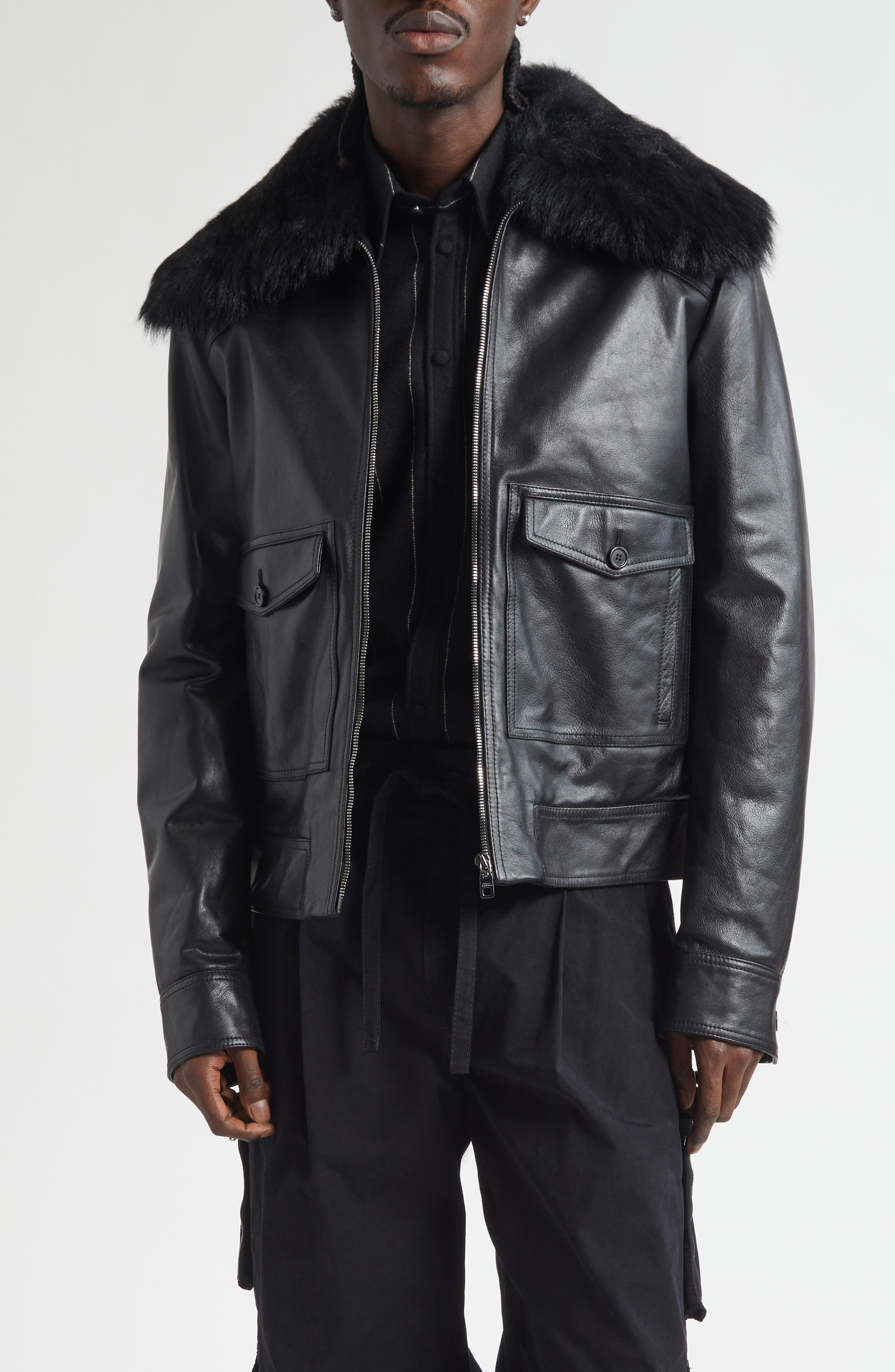 Leather Jacket with Genuine Shearling Collar