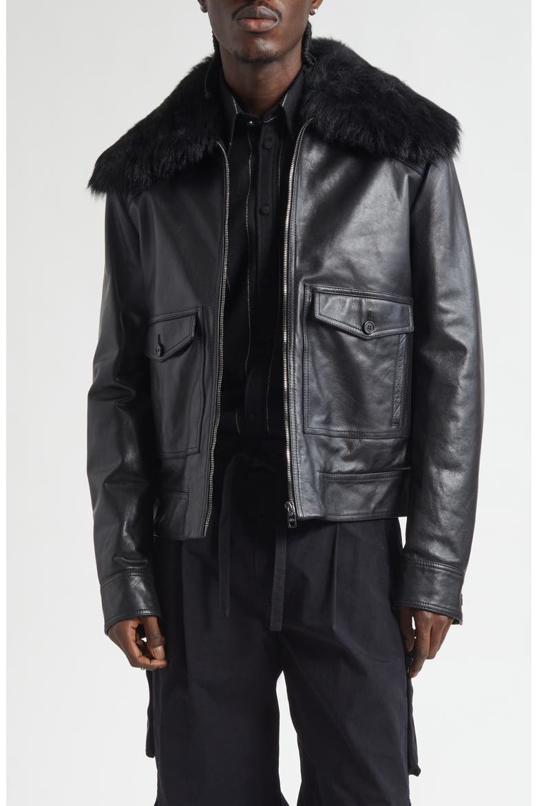 Leather Jacket with Genuine Shearling Collar, Main, color, NERO