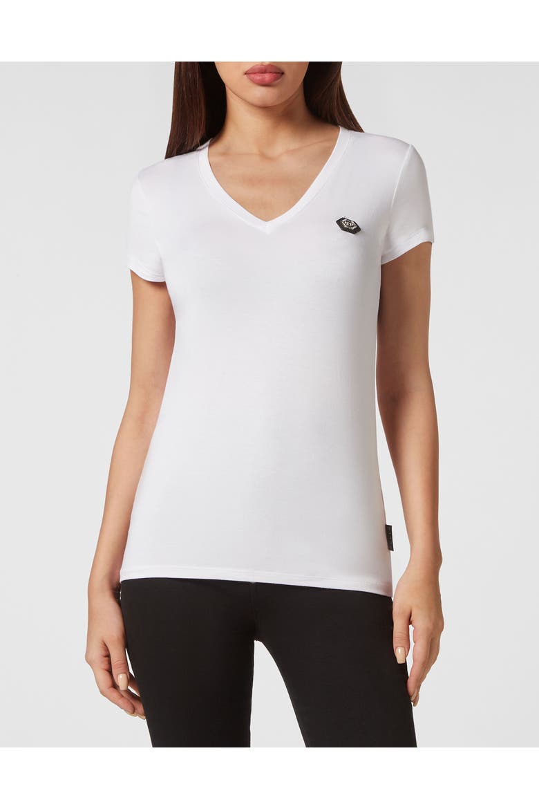 T-Shirt V-Neck Hexagon Women, Main, color, white