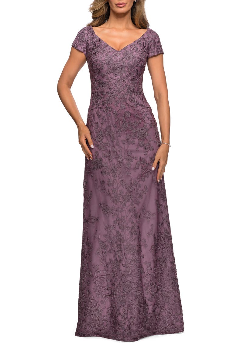 Lace Evening Gown with Cap Sleeves and V-Neck, Main, color, Dusty Lilac